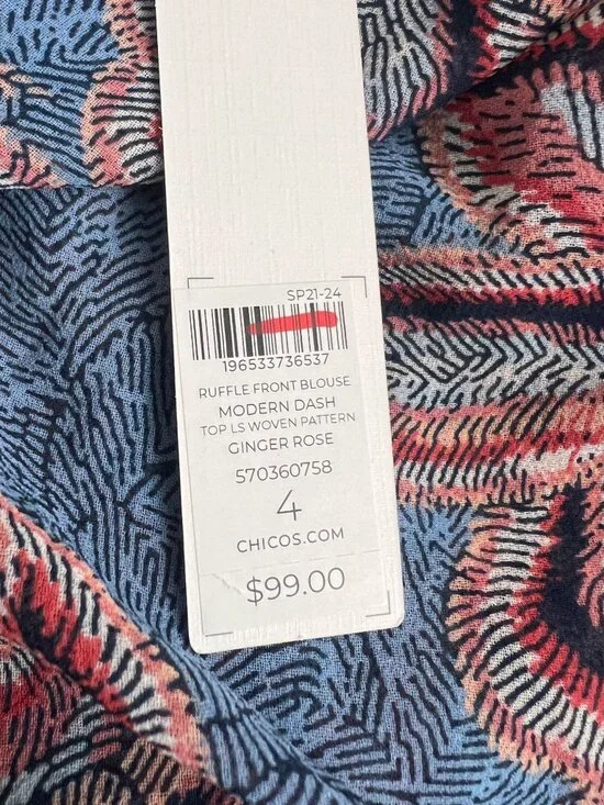 Chico’s NWT Size 4 US 20 Blue Floral Ruffle Front Blouse Long Sleeve Boho Top - Picture 5 of 12